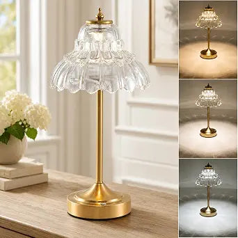 Cordless Table Lamp, Touch Control, 6000mAh Rechargeable Battery-Operated Portable Lamp, 3 Color Temperatures & Stepless Dimming, Vintage Bedside Lamp for Bedroom, Office & Desk, Clear Lotus