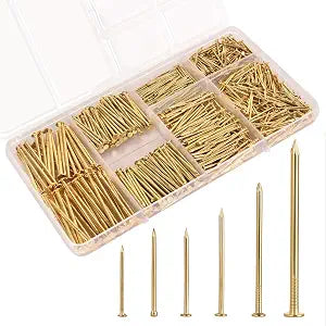700 Pcs Picture Hanging Nails Assortment Kit - 6 Sizes Wall Hanging Set for Frame Art Photo,Brass Small Framing Nails,Gold Finishing Nails