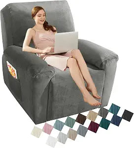 MAXIJIN Velvet 4 Piece Recliner Cover Stretch Plush Soft Cover for Chair Thick Soft Recliner Slipcover Separate Chair Cover with Side Pocket (Recliner, Gray)