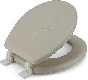 J&V Textiles Embroidered Soft Round Toilet Seat With Easy Clean & Change Hinge, Padded (Beige)
