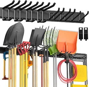 Garage Tool Organizer Wall Mount, 64" Heavy-Duty Metal Wall Organizer, 4 Rails with 8 Adjustable Hooks, Garden Storage Rack for Organization, Sturdy Tool Hanging Holder for Shovel Shed Yard