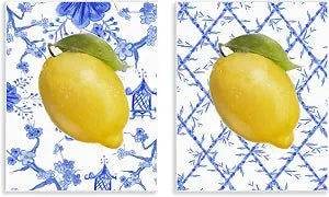 Classic Chinoiserie Lemon, 11 x 14 Inch Mounted Print on Wall Plaque Set