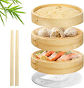 Flexzion Bamboo Steamer Basket Set (8 inch), 50 x Steamer Liners and 2 Pairs of Chopsticks, Steam Baskets for DimSum Dumplings, Rice, Vegetables, Fish and Meat