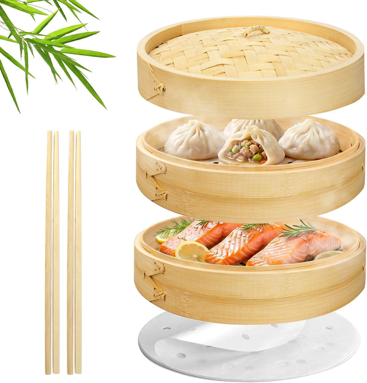 Flexzion Bamboo Steamer Basket Set (8 inch), 50 x Steamer Liners and 2 Pairs of Chopsticks, Steam Baskets for DimSum Dumplings, Rice, Vegetables, Fish and Meat