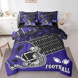 Erosebridal Football City Full Comforter Set with Sheets 7 Piece Rugby Football Fans Bed in A Bag Gifts for Kids Girls Boys,Sports Rugby Gaming Bedding Purple Black Bed Set