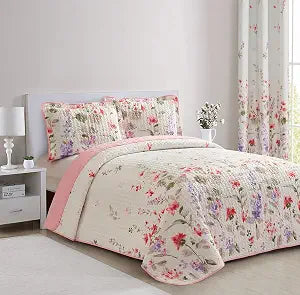 All American Collection 2 PC Floral Printed Coral and Beige Reversible Bedspread Quilt Set Coverlet and Pillow Sham Set Twin Size