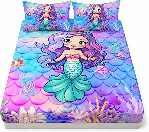 AILONEN Mermaid Fitted Sheet for Kids Girls Twin XL Size, Mermaid Princess Bedding Set,Ocean Theme Bed Sheet Set,Purple Blue Watercolor Fish Scale BedSheets Set,1 Fitted Sheet 2 Pillowcases,3 PCS
