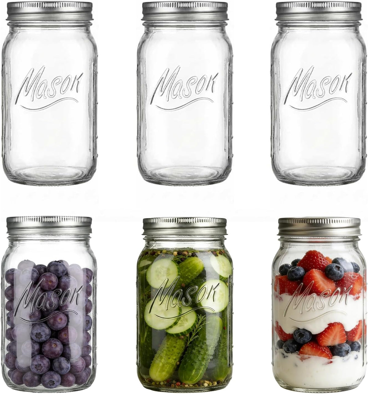 Wide Mouth Mason Jars 32 oz, 6 Pack Glass Canning Jars for Pickling, Fermenting & Food Storage, BPA Free, Airtight Seal, Microwave & Dishwasher Safe