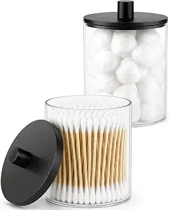 2 Pcs Acrylic Qtip Holder, Cotton Ball Holder Jars with Lids,Black