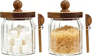 Steviieden 2 Pack Vintage Glass Jar Sugar Container with Wooden Spoon Lid