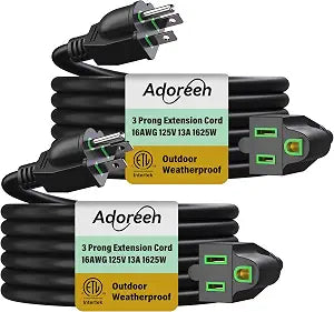 Adoreen Outdoor Power Extension Cord 20 Ft/2 Pack, 3 Prong 16 AWG Grounded Wire Heavy Duty Weatherproof Electric Cable for Indoor Christmas Light Lamp, 13A 125V 1625W, SJTW-ETL- Black with Green