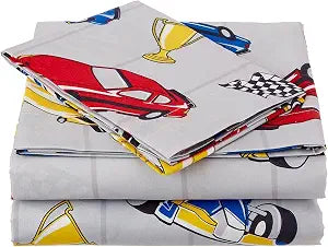 Fancy Linen Sheet Set Flat Fitted and Pillow Case Set for Boys/Girls Multi Color New (Racing Cars, Full)