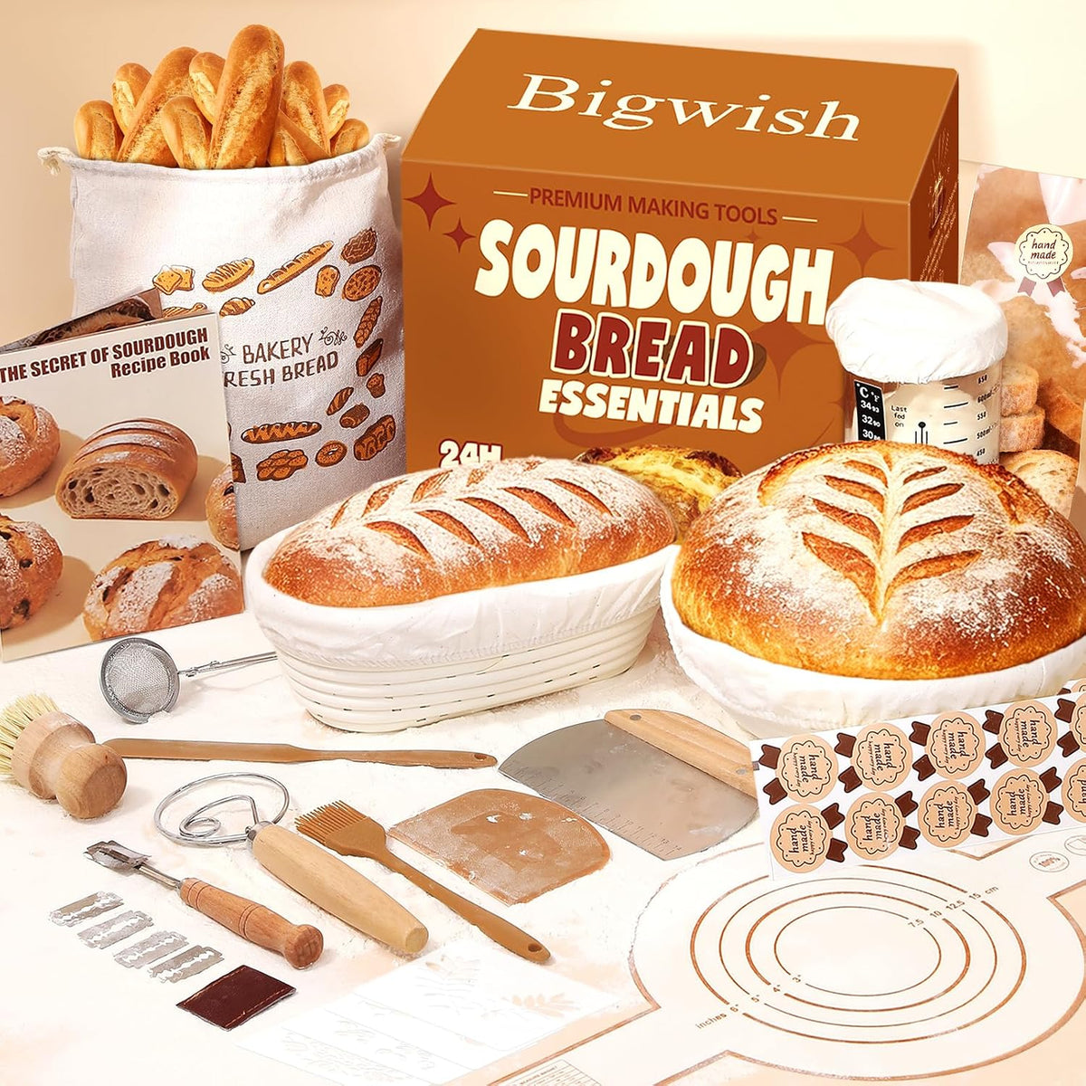 Sourdough Starter Kit with Banneton Proofing Basket, Starter Jar and Tools