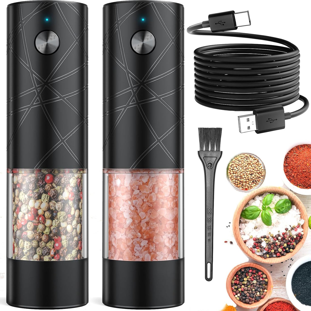 Lidaop Electric Salt and Pepper Grinder Set Rechargeable 2Pack Glossy Black