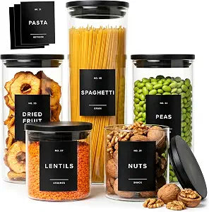 Glass Pantry Storage Jars Containers with Black Lids and Labels - Set of 5