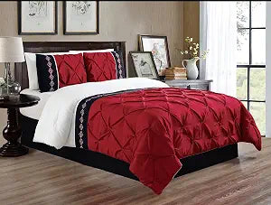 Grand Linen 3 Piece King Size Burgundy Red/Black/White Double-Needle Stitch Puckered Pinch Pleat All-Season Bedding-Down Alternative Embroidered Comforter Set