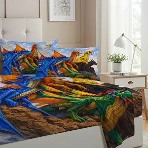 Allenjoy Dragon Wings Fires Sheets Set with Fitted Sheet, Flat Sheet and 1 Pillowcase for Bedding Bedroom Decor, Decorations for Boys Men Son Fans Teens Twin Size