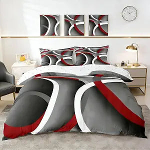 Castle Fairy Circle Bedding Set Twin Size,Gray Black Red Swirls Duvet Cover Abstract Stripes Bed Comforter Cover Set for Kids Boys Girls,Retro Style Bedding Quilt Cover Set Decorative 2 Piece