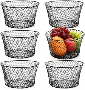 6 Pack Metal Wire Baskets for Kitchen Storage, Modern Black Countertop Fruit Bowl, Round Produce Organizer, Multi-Purpose for Fruits, Snacks, Breads