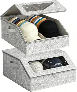 2PCS Hat Organizer for Baseball Caps, Stackable Storage with Clear Window Lid, Flip-Top Access, Space-Saving Hat Box for Closet, Breathable Fabric