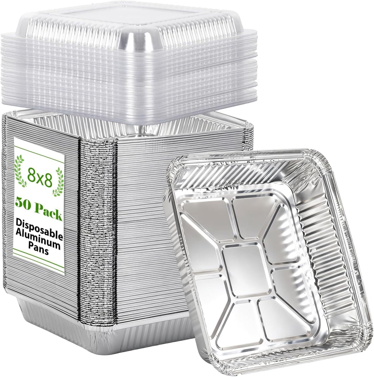 50 Pack 8x8 Square Aluminum Pans with Clear Plastic Lids,Foil Pans with Lids, Disposable Aluminum Cake Pan with Lid, Disposable Baking Pan for Cooking, Heating, Storing, Prepping Food