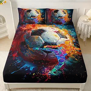 AILONEN Boys Soccer Fitted Sheet Set Twin Size,3D Oil Painting Football Bed Sheet Set,Football Player Fitted Sheet and 2 Pillowcases,3-Piece Sport Bedding Set,Breathable,Soft Microfiber