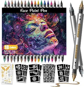 Water Resistant Face Paint Tattoo Pen - 18Pcs Temporary Tattoo Markers for Skin Dual-End Visible Capacity Henna Body Tattoo Kit, Body Painting Kit, Teen Girl Gifts Trendy Stuff for Teenage Adults