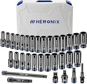 32-Piece 1/2" Drive Impact Socket Set with High-Vis Blue Rings & White Case, Deep SAE & Metric Sockets 10-24mm & 3/8"-1", Cr-V 6-Point Mechanic Tool Set with Extension Bars & Adapters