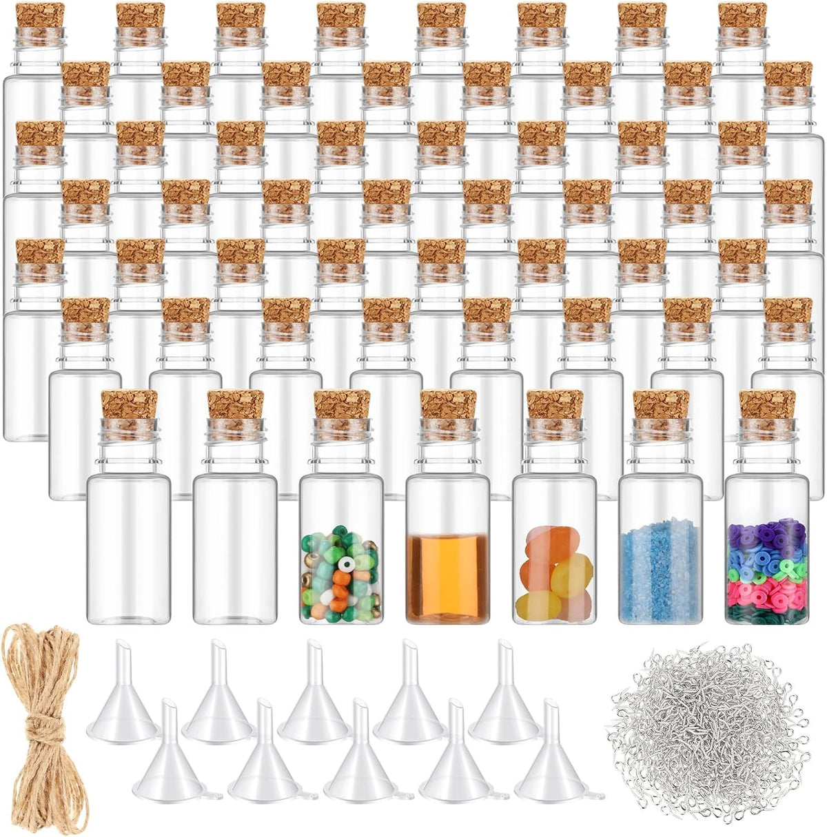 Bokon 50 Packs 10ml Mini Plastic Bottles with Corks Eye Screws Funnels