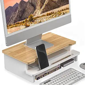 Dual Monitor Stand Riser,Wood Desk Shelf with Phone & Tablet Slot