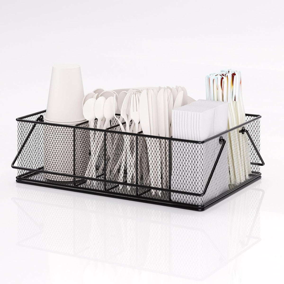 Countertop Paper Plate Organizer, Metal 6-Compartment Utensil Caddy