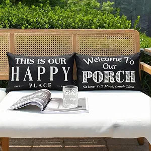 Black and White Welcome to Our Porch Outdoor Lumbar Pillow Covers Waterproof 12x20 Set of 2, Decorative Outdoor Lumbar Pillows 12 x 20, Front Porch Decor Patio Furniture Pillows (Without Inserts)