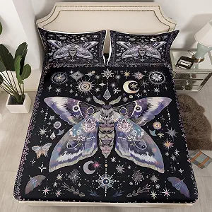 Erosebridal Black and Purple Moth Full Fitted Sheet,Moon and Stars Boho Bedding Set for Kids Adults,Bohemian Butterfly Wildlife Bottom Sheets Trippy Galaxy Bed Set 3Pcs