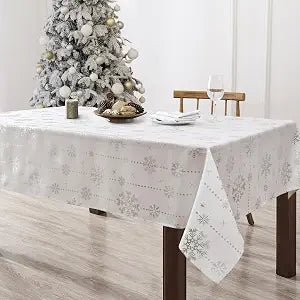 Elrene Home Fashions Wonderland Snowflake Metallic Foil Printed Fabric Holiday/Christmas Rectangle Dining Tablecloth, 60"x120"