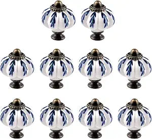 10Pcs Pumpkin Ceramic Drawer Knobs, Dresser Knobs Vintage Door Pull Handles Retro Antique Floral Leaf Pattern for Furniture Drawer Dresser Cabinet with Screws (White/Blue)
