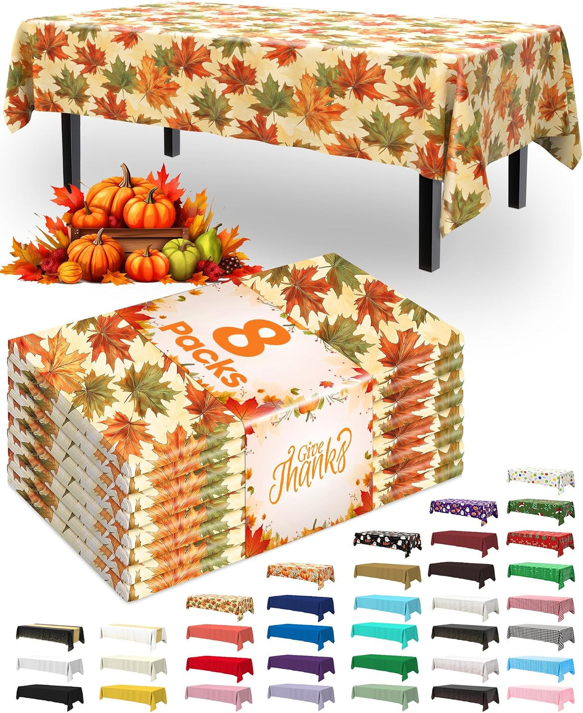 Pureegg Plastic Table Cloth Disposable 8 Pack 54 x 108 Inch, Autumn Maple