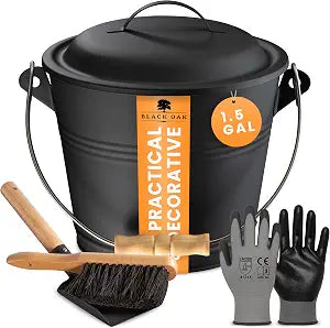 BLACK OAK Ash Bucket Piton 1.5 GAL - Black with lid with Wooden Handle + Brush + Shovel & Gloves - 5L Large Steel Fireproof Galvanized & Powder-Coated Bucket ash Coal pellets Timeless Design