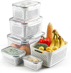 5 Set Fruit Storage Containers for Fridge with Colander, Produce & Veggie