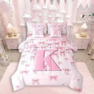 jejeloiu Girls Pink Bow Comforter Set Twin Size 7 Piece