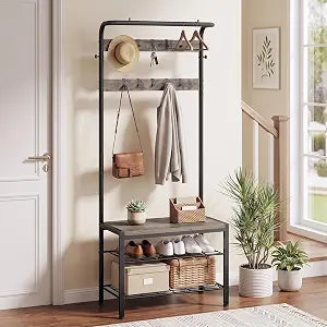 DUMOS 5-in-1 Hall Tree with Coat Rack and Shoe Bench, Industrial Entryway Storage Organizer with Top Hanging Rod, 10 Movable Hooks & Side Hooks, Mudroom Bench with 2-Tier Shoe Rack, Grey