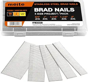 meite 18 Gauge Stainless Steel Brad Nails, Assorted 5 Sizes (3/4",1", 1-1/4", 1-1/2", 2") Universal Finish Nails for Pneumatic, Electric 18GA Brad Nail Gun Nailer, Multi-Pack 2,000-Count