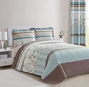 All American Collection 2 PC Floral Printed Brown and Turquoise Reversible Bedspread Quilt Set Coverlet and Pillow Sham Set Twin Size