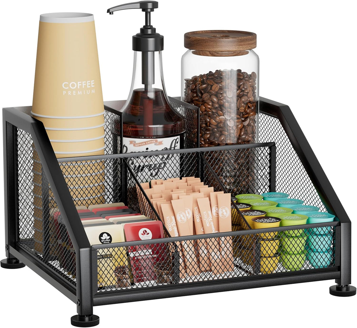 SWTYMIKI Coffee Bar Organizer for Countertop - Space-Saving Kcup Organizer with Tiered Shelves, Coffee Station for Pods, Sugar, Syrup, Cups, Stirrers, Condiment Organizer Storage