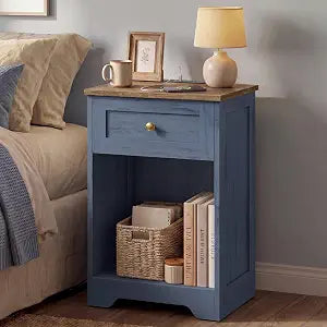 VASAGLE Farmhouse Nightstand with Charging Station, 1 Drawer