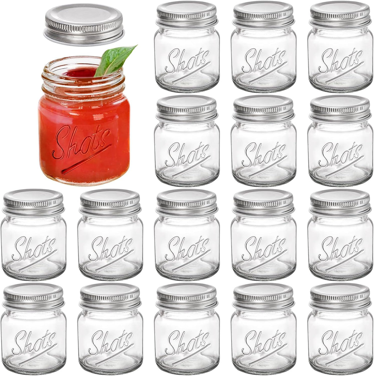 Lawei 16 Pack Mini Mason Jars with Airtight Lids - 2 Oz Small Glass Shot Jars for Ginger Shots, Honey & Jam, Wedding and Party Favors, Mini Desserts, Crafts, Spices
