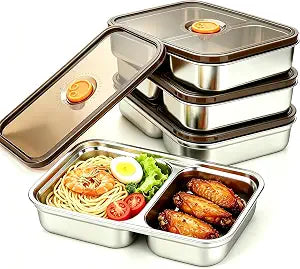 4 Pack Stainless Steel Bento Box with Lids 2 Compartment Containers
