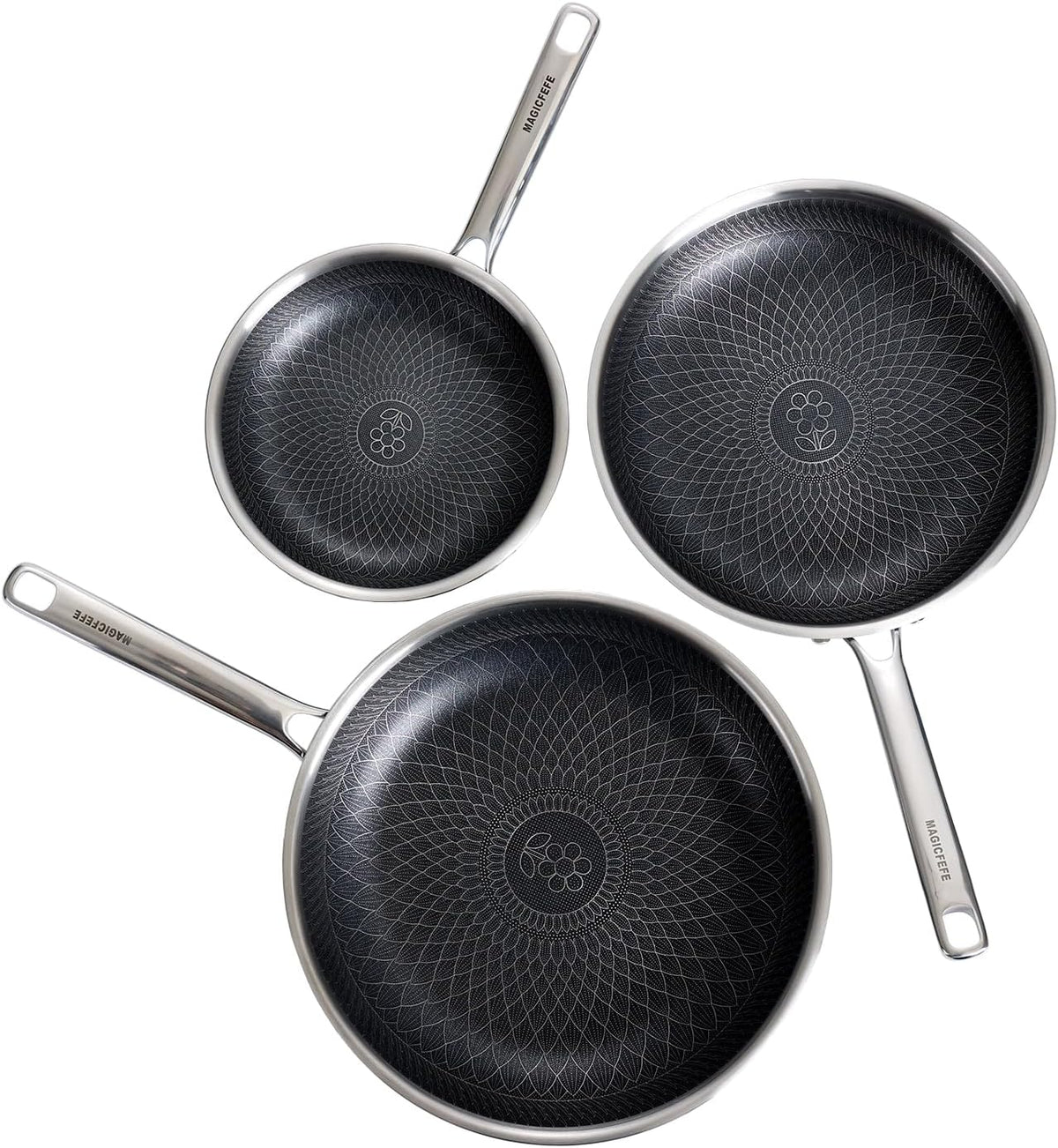 3-Piece Hybrid Honeycomb Nonstick Skillet Set, 8/10/12 Inch Stainless Steel Frying Pans, Stay-Cool Handles, PFOA & PFOS Free, Induction, Dishwasher & Oven Safe Up to 437F for All Cooktops