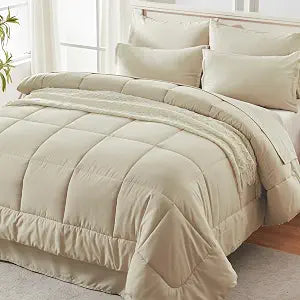 Andency Beige Comforter Set King Size, 7 Pieces Bed in a Bag Bedding Sets, All Season Soft Fluffy Reversible Warm Comforter, Flat Sheet, Fitted Sheet, 2 Pillow Shams, 2 Pillowcases