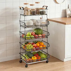 VECELO 5-Tier Fruit Basket with Wheels, Fruit and Vegetable Storage Cart for Kithchen, Easy to Move, Durable, Stackable Produce Organizer Wire Baskets for Kitchen, Pantry, Living Room