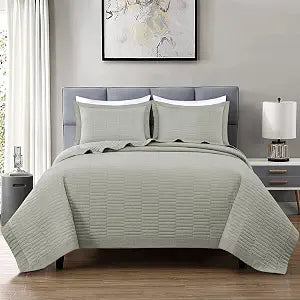 Chezmoi Collection Yuma 3-Piece 100% Cotton Quilt Set Queen Size, Natural - Modern Geometric Rectangle Box Quilted Lightweight Vintage Washed Cotton Reversible Bedspread Set for All Season